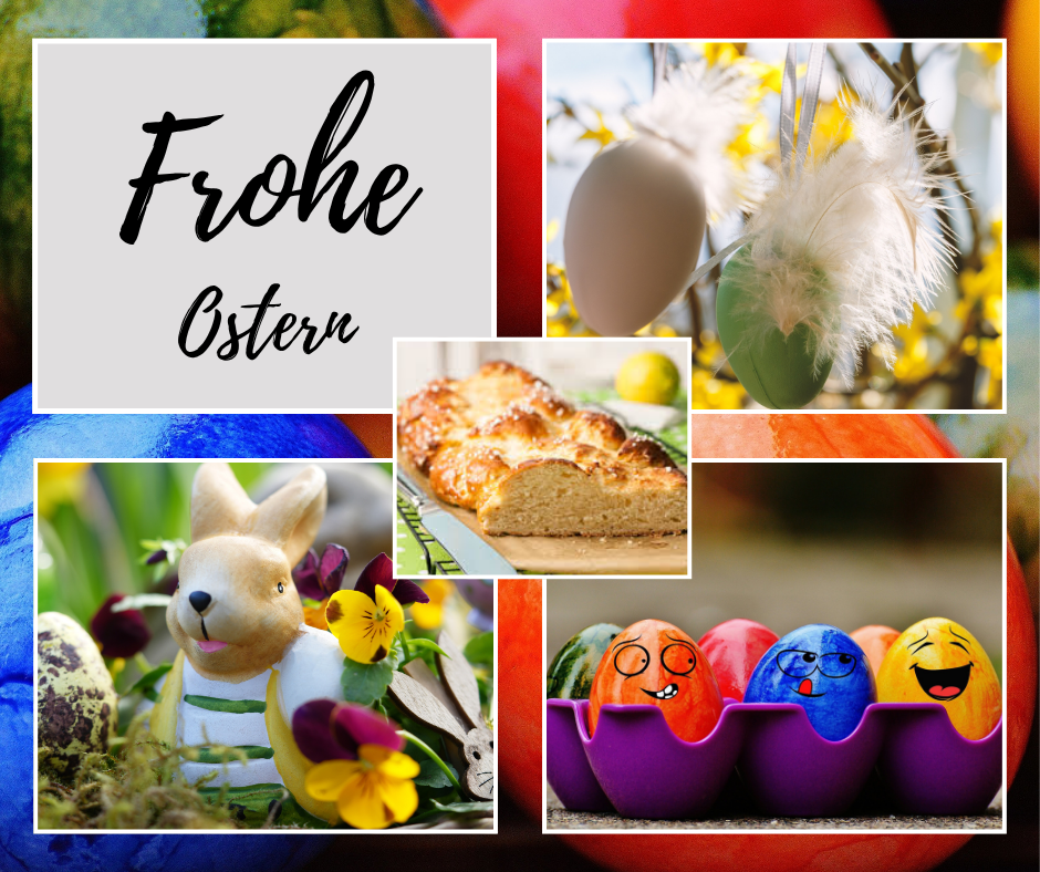 Великденски колаж с надпис Frohe Ostern, керамичен заек, боядисани яйца и козунак