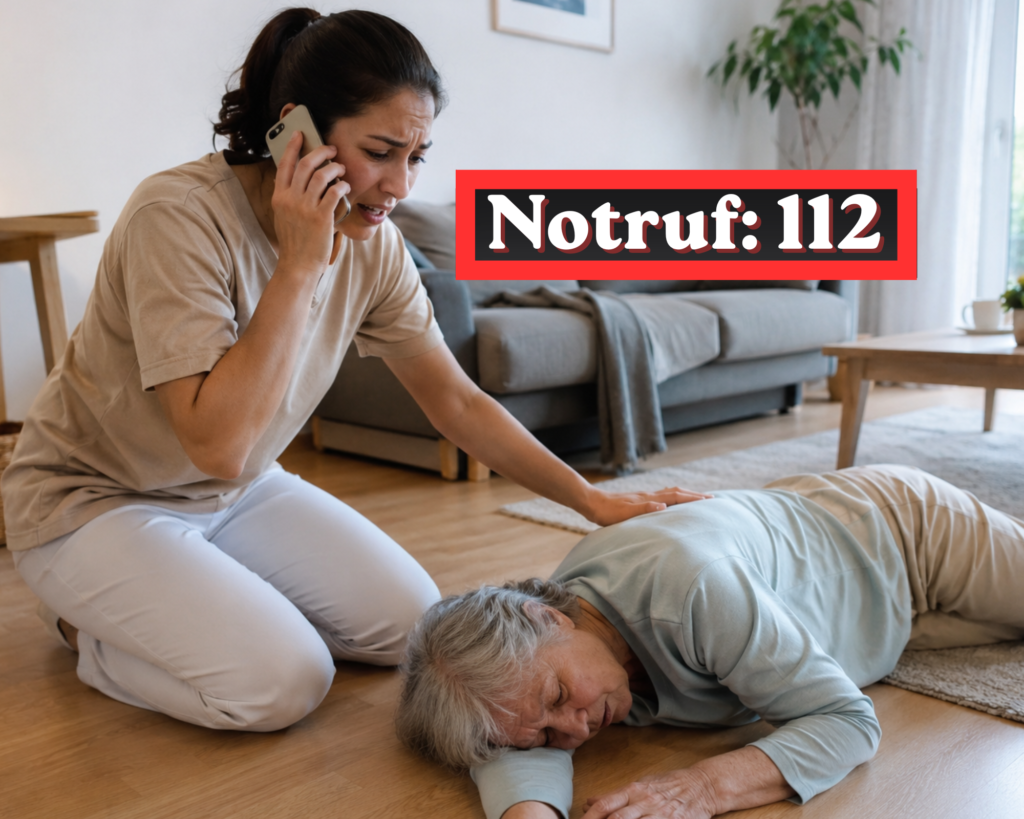Жена вика линейка по телефона до паднала възрастна жена, с надпис Notruf 112