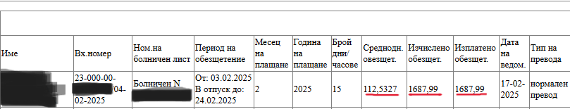 Справка от НОИ за изплатено болнично обезщетение на служителка