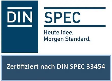Знак DIN SPEC 33454 с надпис Zertifiziert nach DIN SPEC 33454